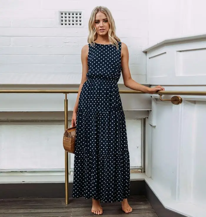 

2019 Dress Women Summer fashion Wave point Round collar Longuette sexy Button female Bohemia Dress