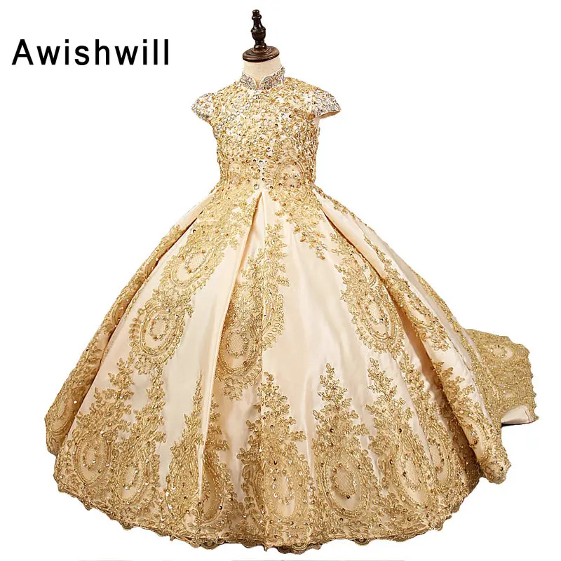 Г. Королевское Платье для девочек, держащих букет невесты на свадьбе, атласное кружевное бальное платье с бисером, платье для девочек, платье для причастия, пышное платье золотого цвета - Цвет: Золотой