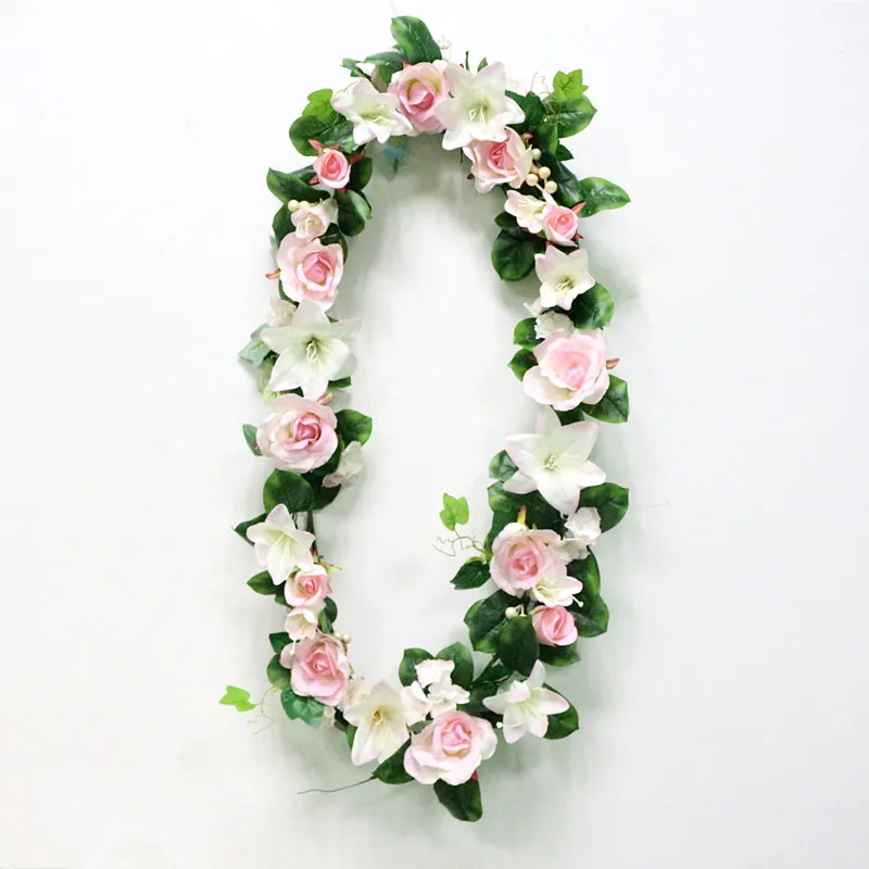 DIY Artificial Rose Lily Plants Green Leaves Simulation Cane Adornment Flowers Garland Home Wall Party Decor Vines Lintel Flower (6)