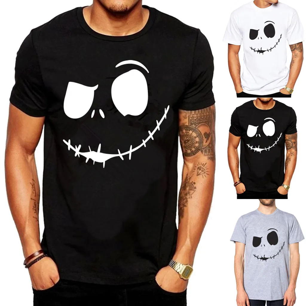 

Fashion Men Blouse 2019 Men's Summer New Evil Smile Face Printed Round-Collar Comfortable T-shirt Top