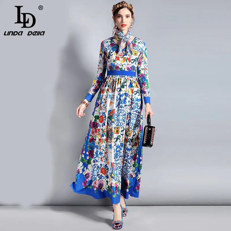 LD LINDA делла Новое модное дизайнерское Макси Платье женское с длинным рукавом v-образным вырезом цветочный принт повседневное длинное платье с шарфом