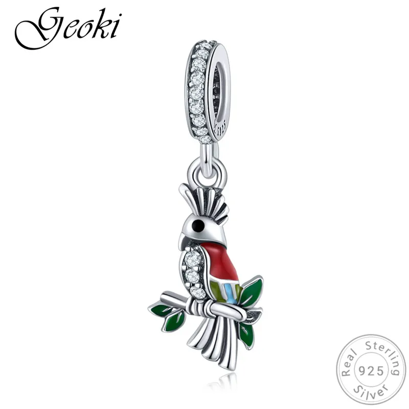 

Geoki 925 Sterling Silver Green&Red Enamel Micro CZ Parrot Shaped Charms fit Pandora Bracelet S925 Bird Beads Necklace Pendant