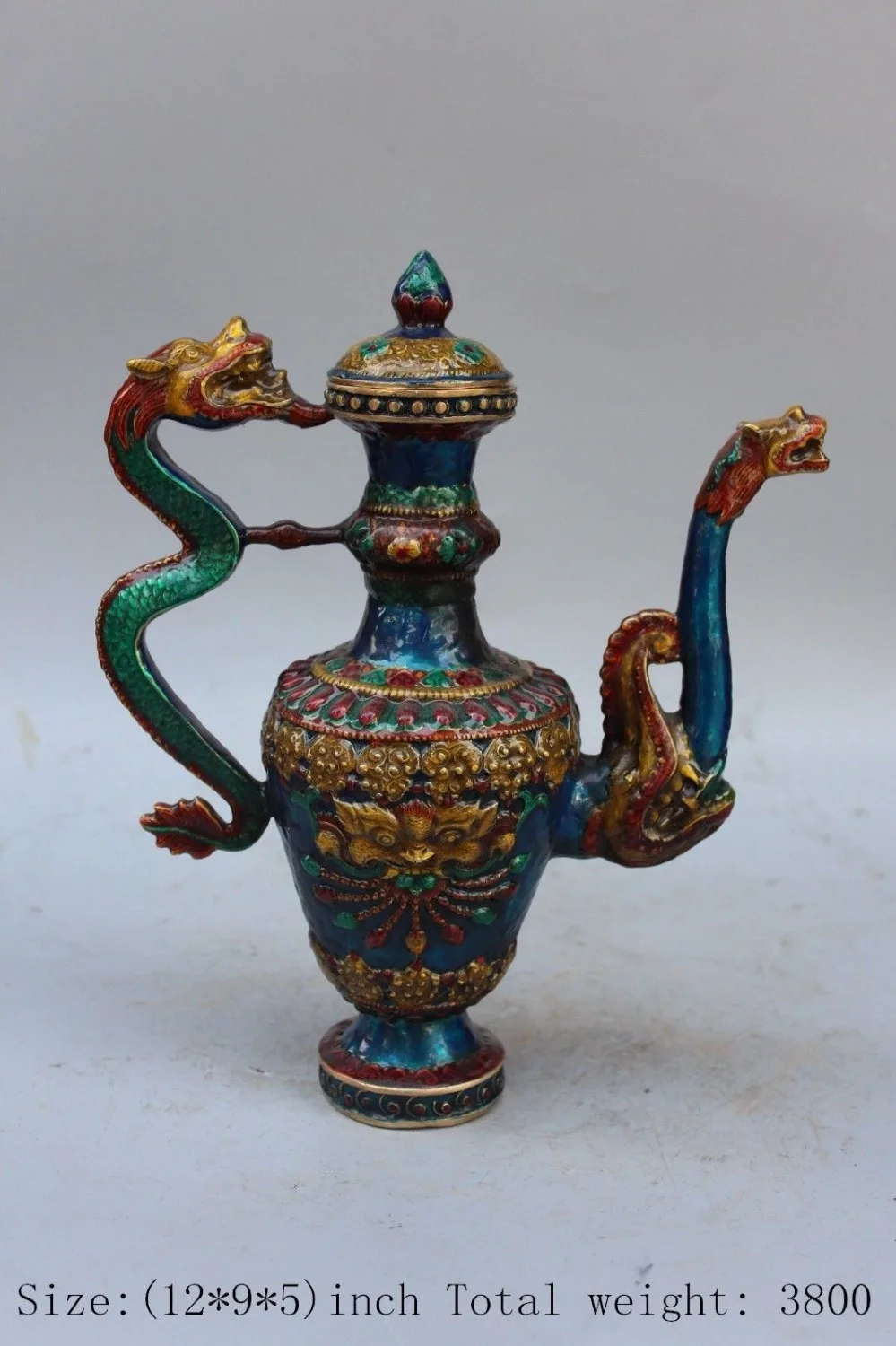 

30.5 Cm * /Ancient Chinese cloisonne dragon flagon of wine kettle statue