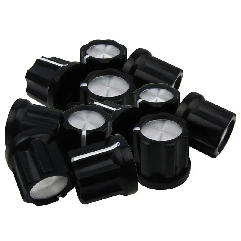 D Type Shaft Guitar Bass Pot Knobs Amp Knobs Buttons Caps, Black With Silver Top, Pack Of 12