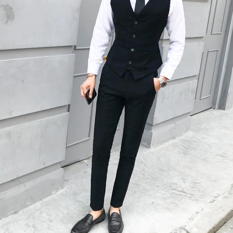 Mens Blazer + Vest + Pants / 2018 New Groom Fashion Boutique Plaid Wedding Dress Suit Sets Mens High-end Casual Business Suits