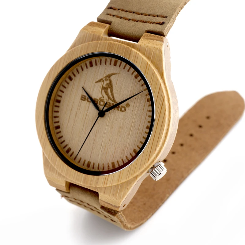 BOBO BIRD L-L07 Bamboo Wooden Watches Male with Brand Design on the Front and Wide Leather Strap Men Clocks