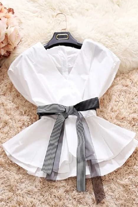 

2018 Vadim Blusas Plus Size Summer New Style, Korean Version Of Loose, Small Fresh Doll, Striped Waist Bow, Big V Collar blouse