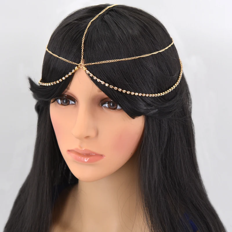 Ladies Women New 2 Layer Rhinestone Crystal Wedding Bridal Goddess Head Chain Jewelry Arabian