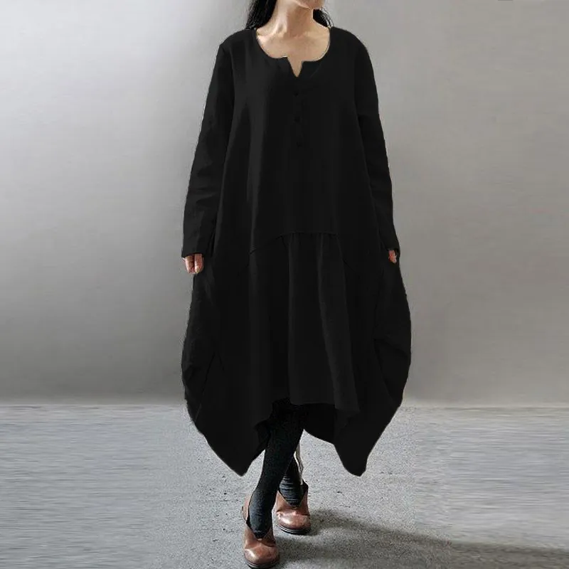 Женское Ассиметричное платье больших размеров, Осень-зима, повседневное однотонное платье с длинным рукавом и пуговицами, винтажное мешковатое платье миди - Цвет: Черный