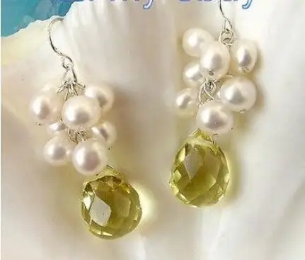 

Free Shipping >> new hot White Baroque Pearl Drip Pear Faceted Yellow Crystal Earrings Silver Ho