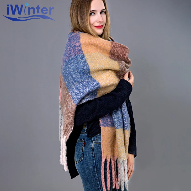 IWINTER модный зимний шарф для женщин Plaid Pattern Хлопок Шарфы Женский шаль Тассел Шарфы для женщин Толстый шарф