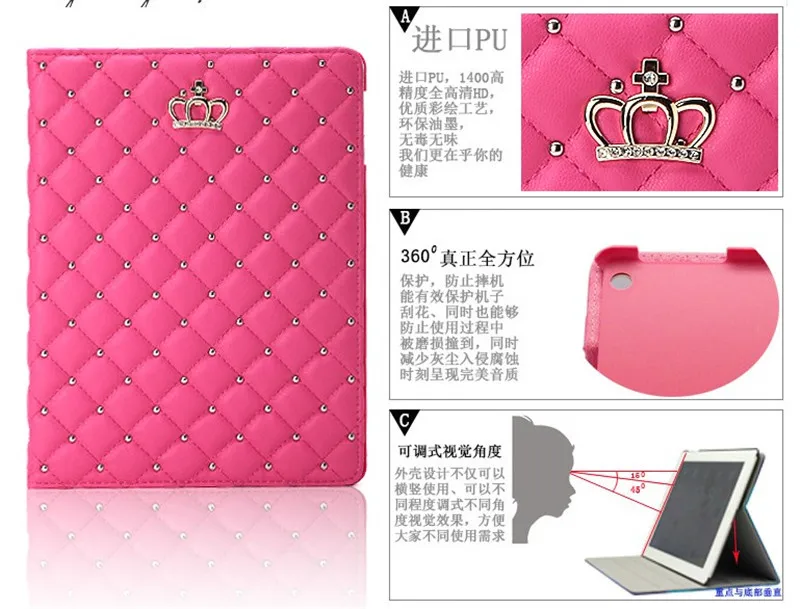 

High Quality Case Crown Diamond PU Leather Tablet case cover for Apple iPad mini 4 With Stand FlipTablet Cover Protective +film