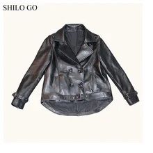 Шило GO кожаная куртка Женская Весенняя мода Овчина натуральная кожа пальто воротник с лацканами повседневное двубортное с заклепками пояс пальто