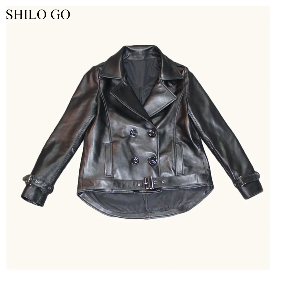 SHILO GO Leather Jacket Womens Spring Fashion sheepskin genuine leather coat lapel collar Casual double breasted rivet belt coat