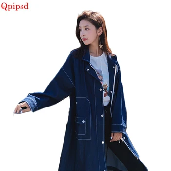 

Harajuku Wind Jean Trench Coat Women 2018 Spring Autumn Winter Long Coat Loose Wild Female Coats Large Size coat For Female