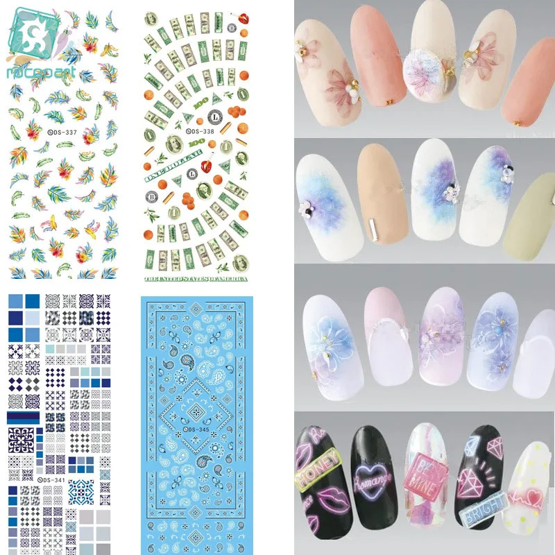 

Rocooart DS331-360 Water Transfer Nails Art Sticker Harajuku Elements Colorful Feather Leaf Nail Wraps Sticker Decal