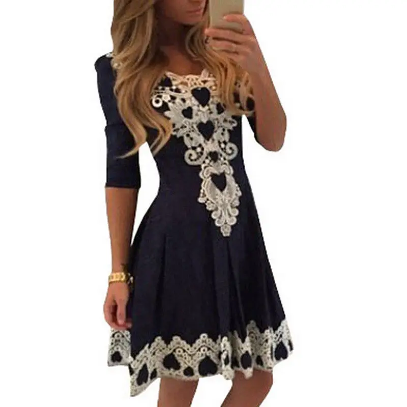 

Female Dress A Line Lace Patched V Collar Half Sleeve Sexy Dresses