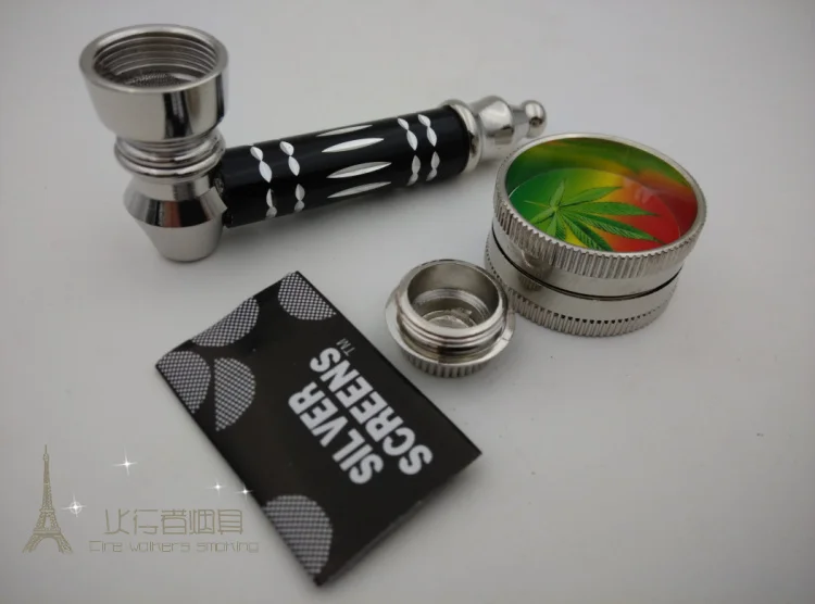 New 1set Fashion Metal smoking weed pipes With Lid + mini grinder+5