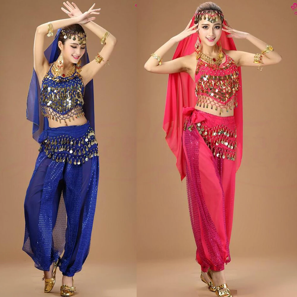Girls Sequined Ballroom Bollywood Dancing dress Indian Belly Party Dance wear Costumes Suits Set For Women Chiffon belly Outfits