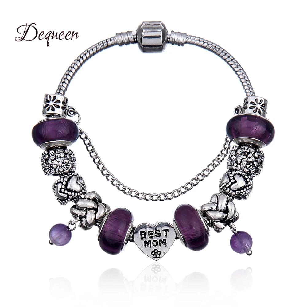 Dequeen (Best Mom)Charm Bracelet Purple Beads with Pearl Pendant Glass