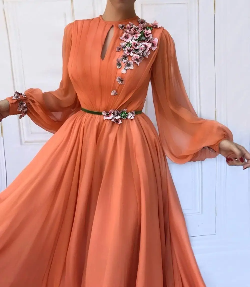 Robe de soiree Dubai Orange 3D Flower Evening Dresses Long 2019 Saudi Arabic Long Sleeves Chiffon Evening Gown Prom Party Gown Robe de soiree Dubai Orange 3D Flower Evening Dresses Long 2019 Saudi Arabic Long Sleeves Chiffon Evening Gown Prom Party Gown