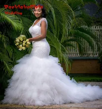 2017 White Mermaid Beading Tiered Wedding Dress V-Neck Lace Up Custom Made Bridal Gown Plus Size Handwork Vestido De Noiva