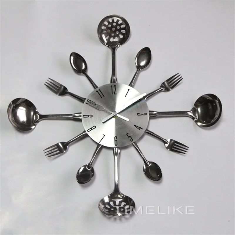 16 дюймов Большой размер высокое качество металлические кухонные настенные часы вилка ложка кухонные настенные часы специальный подарок - Цвет: Серебристый