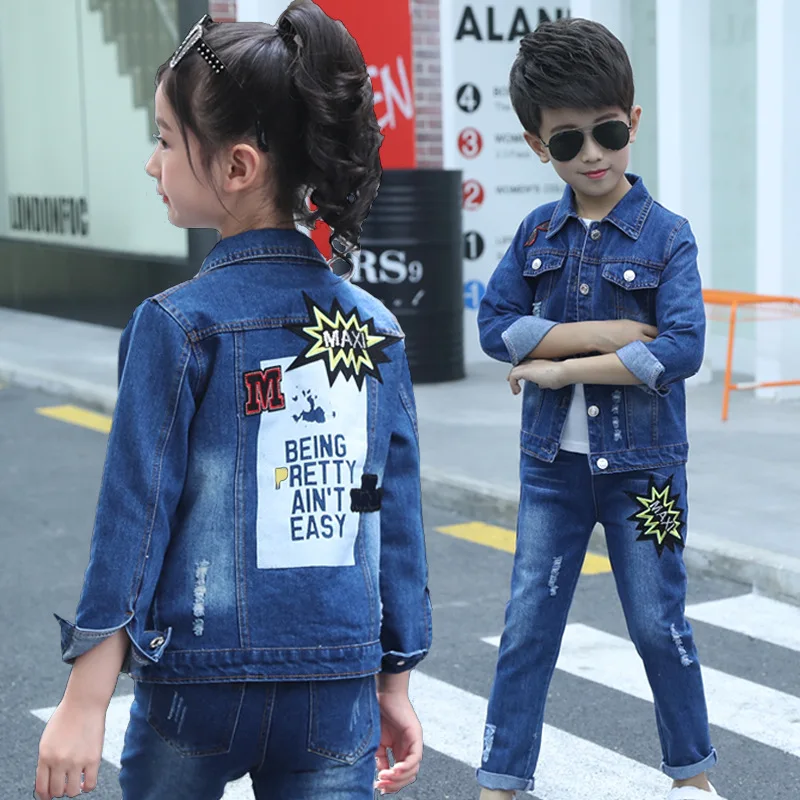 

2019 Unisex Kids Clothing Set Children Girl Denim Jacket Coat Spring Autumn New Children Broken Hole Pants Boys Elastic Waist