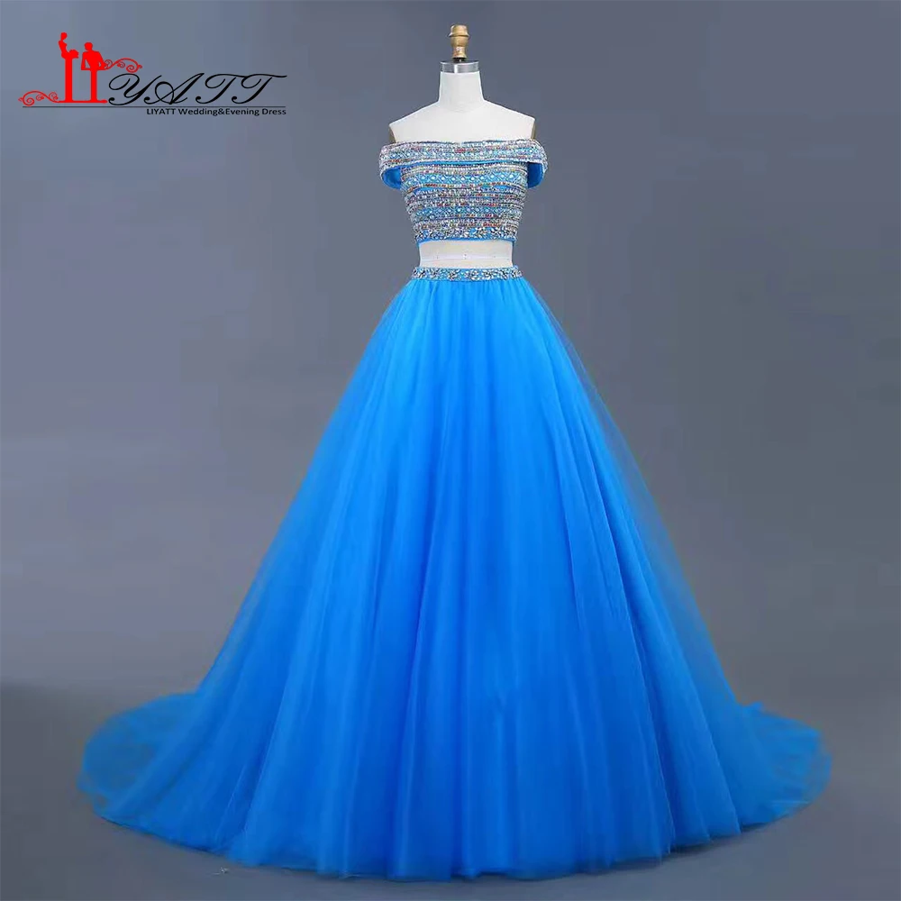 New 2017 Cheap Evening Prom Dresses Ball Gown Amazing Two Pieces Puffy Crystal Luxury Blue Long 