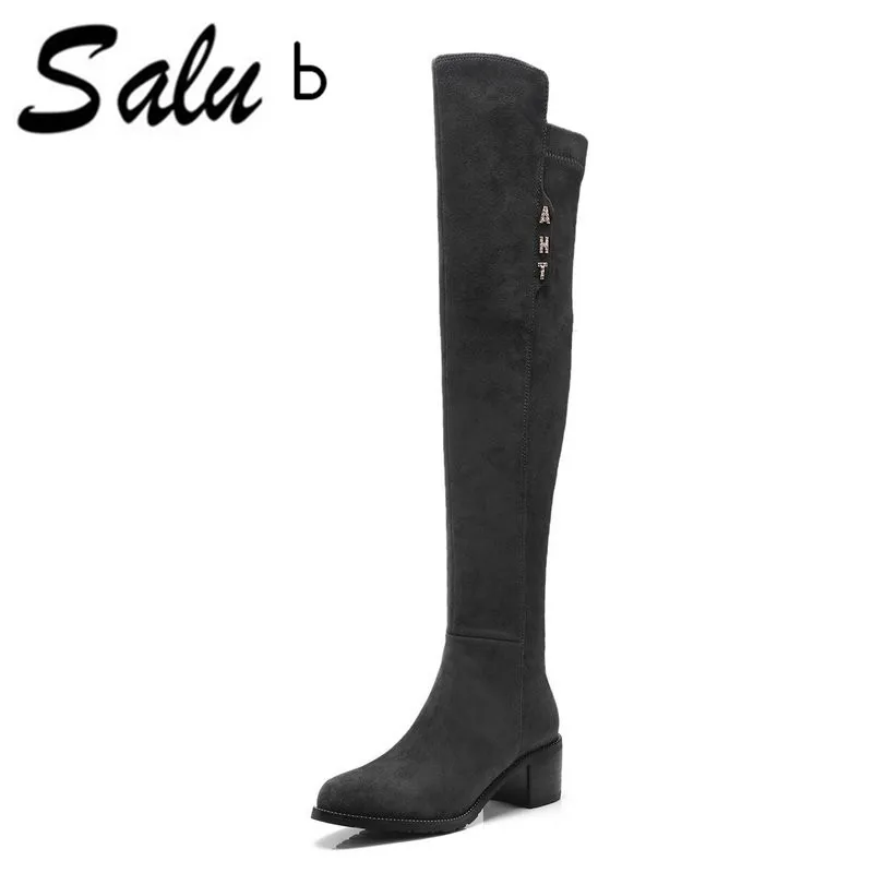 

Salu Autumn New Arrive The Knee Boots Women Long High Boots Female Square Heel Round Toe Microfiber Ladies Shoes
