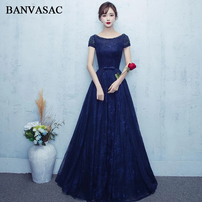 

BANVASAC Crystal O Neck 2018 Bow Sash A Line Long Evening Dresses Party Lace Embroidery Short Sleeve Backless Prom Gowns