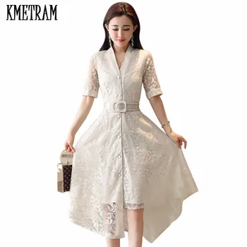 

KMETRAM 2019 Fashion New Style Summer Dress V neck Single Breasted Knee Length Vestidos Sexy Slim Elegant Party Lace Dress HH910