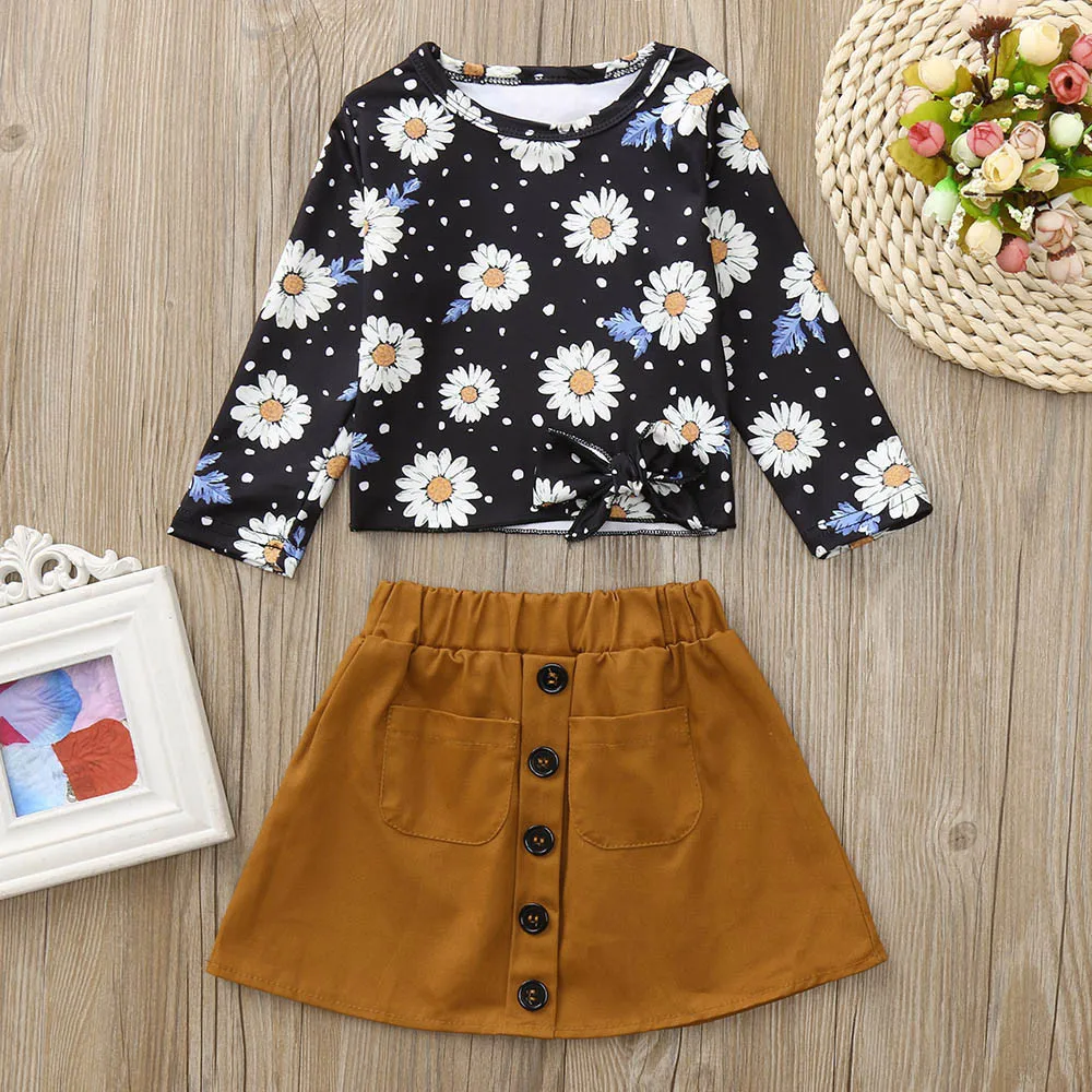 

2PCS Children clothing Girls clothes Set Long Sleeve Daisy Floral Print long sleeve Top+Skirt Outfit Kids clothing girls suit
