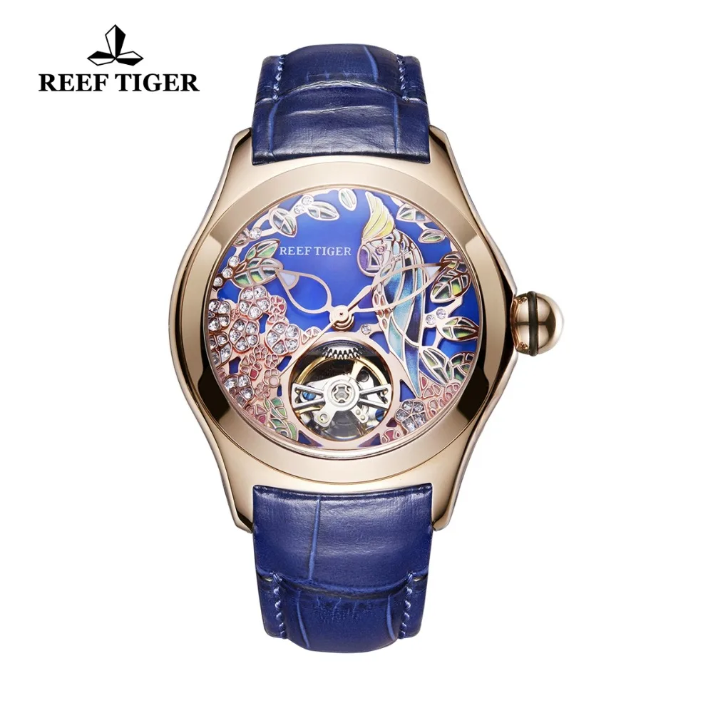 Reef Tiger/RT Blue Dial Fashion Watches Women Tourbillon Leather Strap Waterproof Automatic Relogio Feminino+Box RGA7105 | Наручные часы
