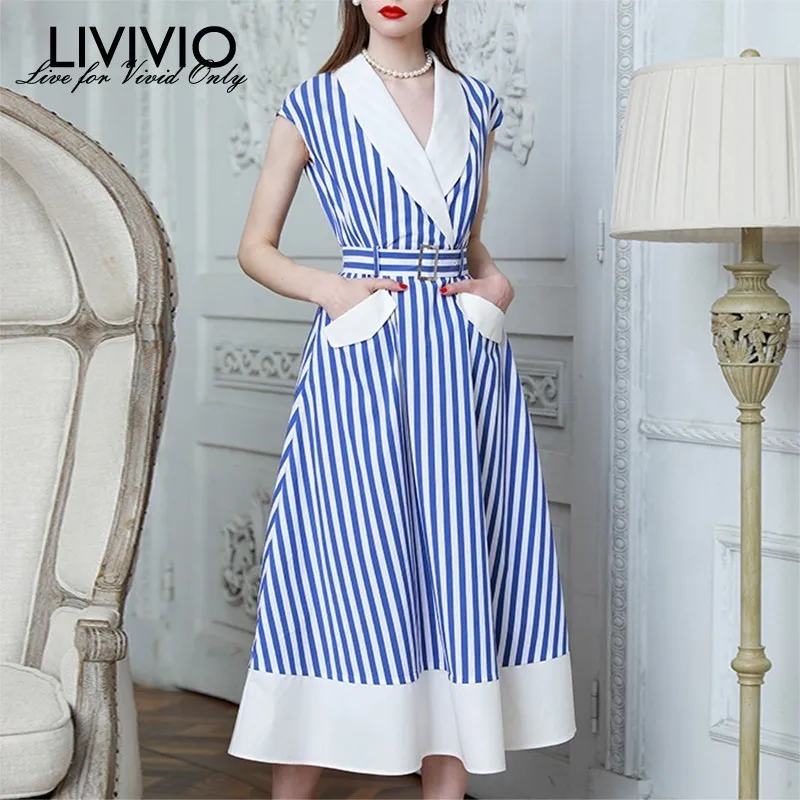 

[LIVIVIO] Patchwork Striped Dresses Women V Neck Sleeveless High Waist Tunic Hit Color Midi Dress Female 2019 Elegant Style