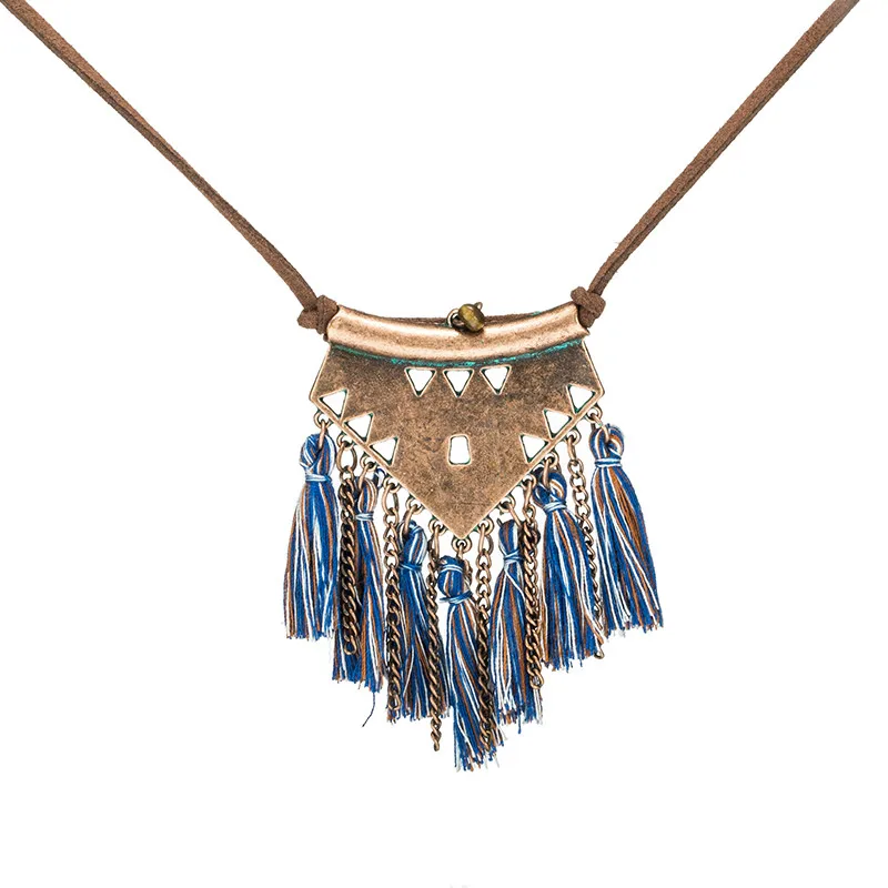 Женское этническое колье-чокер с кисточкой в стиле бохо, длинное кожаное ожерелье с цепочкой, винтажное ожерелье для женщин, ювелирные изделия для свадебной вечеринки - Окраска металла: blue