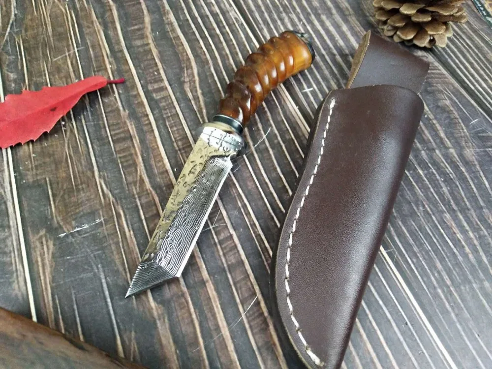 Охотничий нож с фиксированным лезвием ручной работы из кованой дамасской стали, Походный нож 58HRC с кожаной ручкой, тактический инструмент для выживания