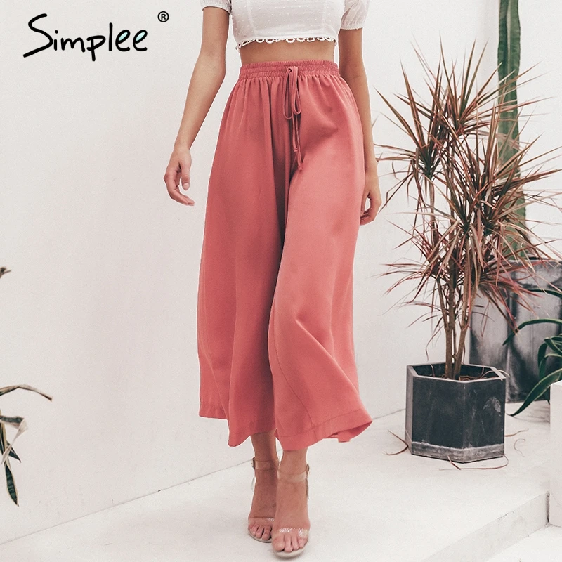 

Simplee Elastic high waist wide leg pants women Solid lace up trousers streetwear pants Female pockets plus size summer pants