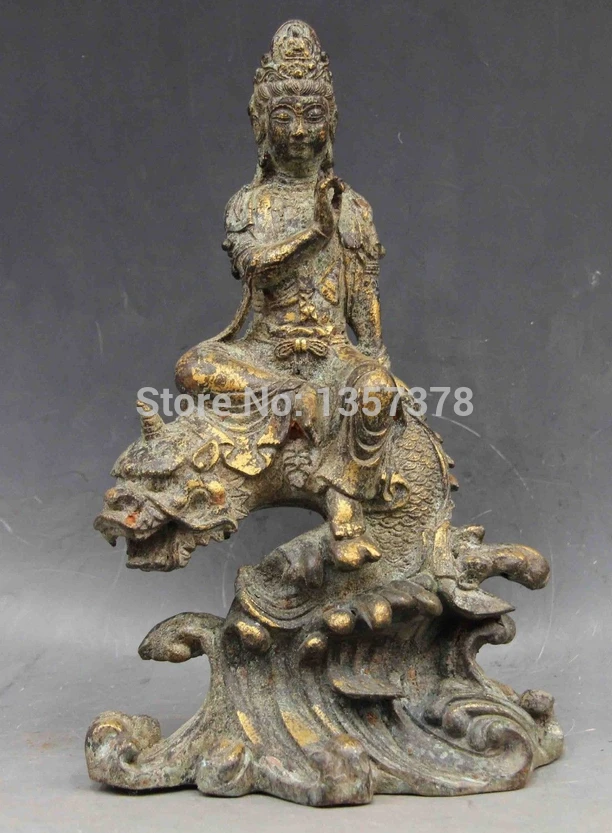 

shitou 0072 TIbet Buddhism Old Copper Bronze Ride Dragon Fish Guan Yin Kwan-yin Boddhisattva