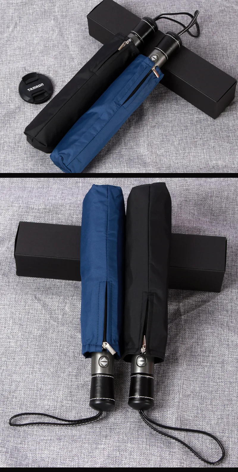 Автоматический Три складной мужской коммерческий компактный с ручкой из натуральной кожи большой сильный каркас ветрозащитные нежные черные зонтики