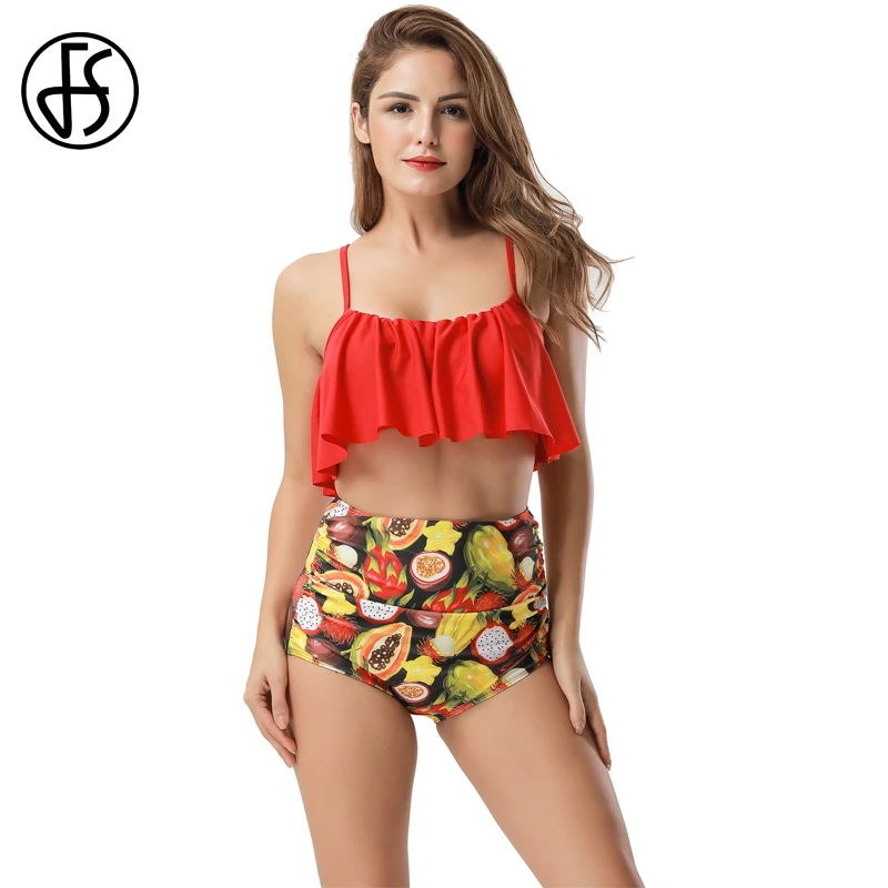 

FS String Bikinis Set Sexy Women Biquini Fruit Print High Waist Triangle Swimsuit Brazilian Swimwear Ruffle Female Bathing Suits