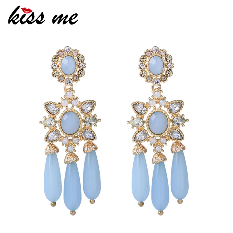 

KISS ME Blue Acrylic Teardrop Crystal Flower Dangle Earrings Brand Designer New Women Chandelier Earrings Women Bijoux