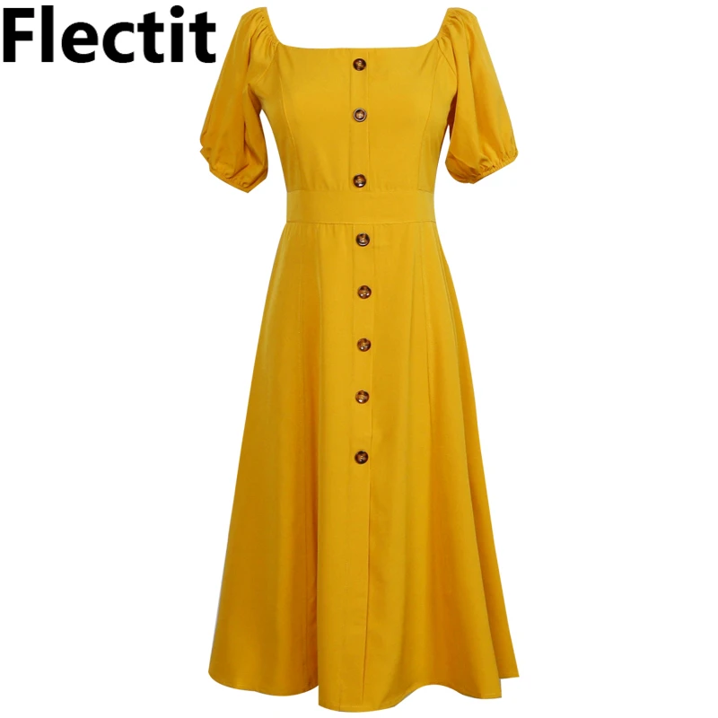 

Flectit French Women 80s Retro Dress Button Front Puff Sleeve High Waist Square Collar Midi Dress Ginger Yellow Summer Dress *