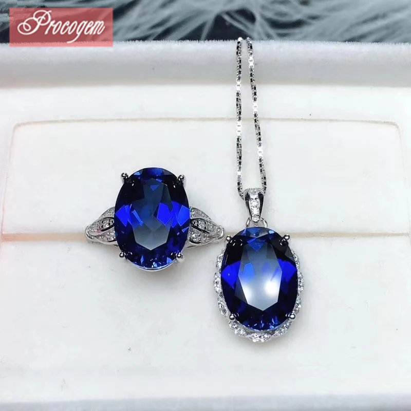 

PROCOGEM High Quality Classic Sapphire Jewelry sets Rings for Women Necklaces Rings 10x14mm for Party 925 Sterling Silver #238