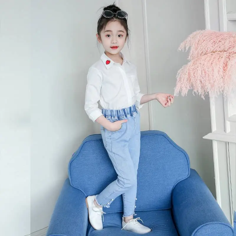 

New Spring Autumn Teenage Girl Cotton Solid Pearl Denim Trousers Kids Girls Jeans Pencil Pants Toddler Girl Clothes Leggings Y35