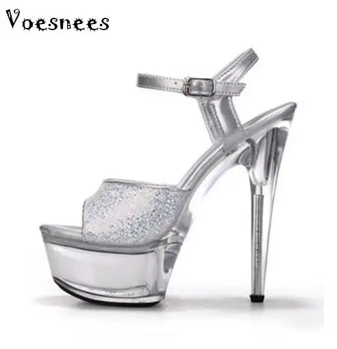 

2018 Sandals High Quality Ultra-high Heel 7-10CM Transparent Crystal Women Shoes Model Catwalk Slides Fitness Contest large yard