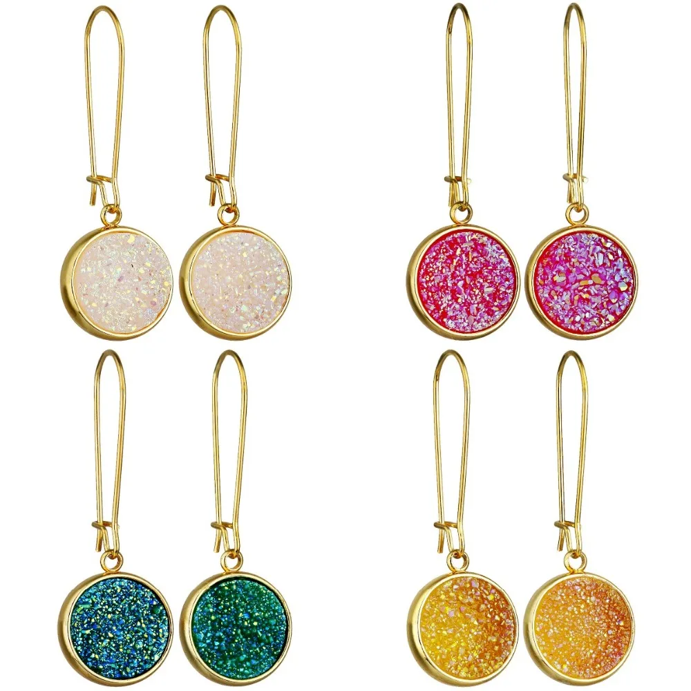 

TUMBEELLUWA Round Natural Titanium Crystal Druzy Kidney Wire Hook Drop Dangle Earrings for Women