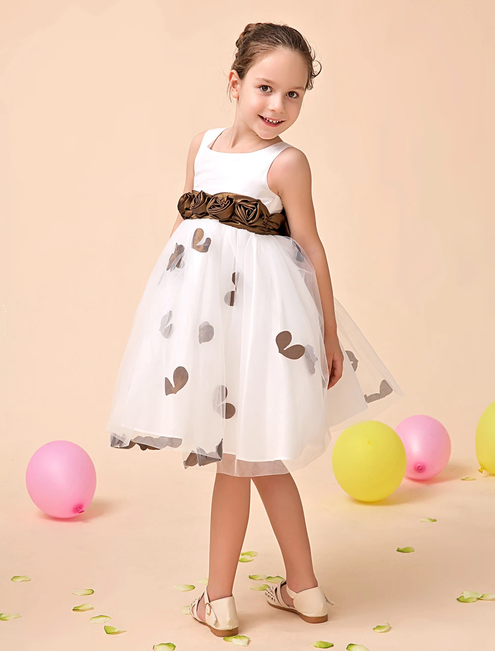 Tulle A line ivory little Girls Dresses with brown sash wedding party kids girls formal dresses
