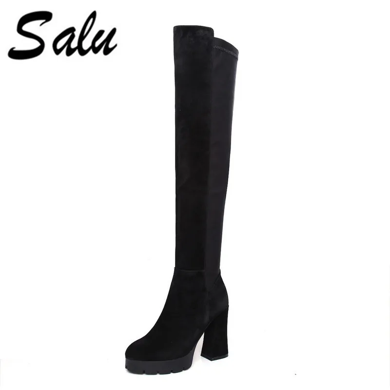

Salu cow Suede Sexy Women Boots Zip knee High heels Boots Lady round toe high Boots Free shipping