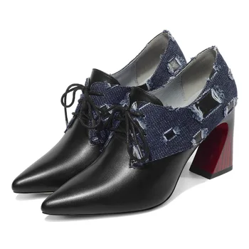 

Famous brand 2019 high quality women's high heels pointed lacing deep mouth beef tendon bottom leather single shoes women